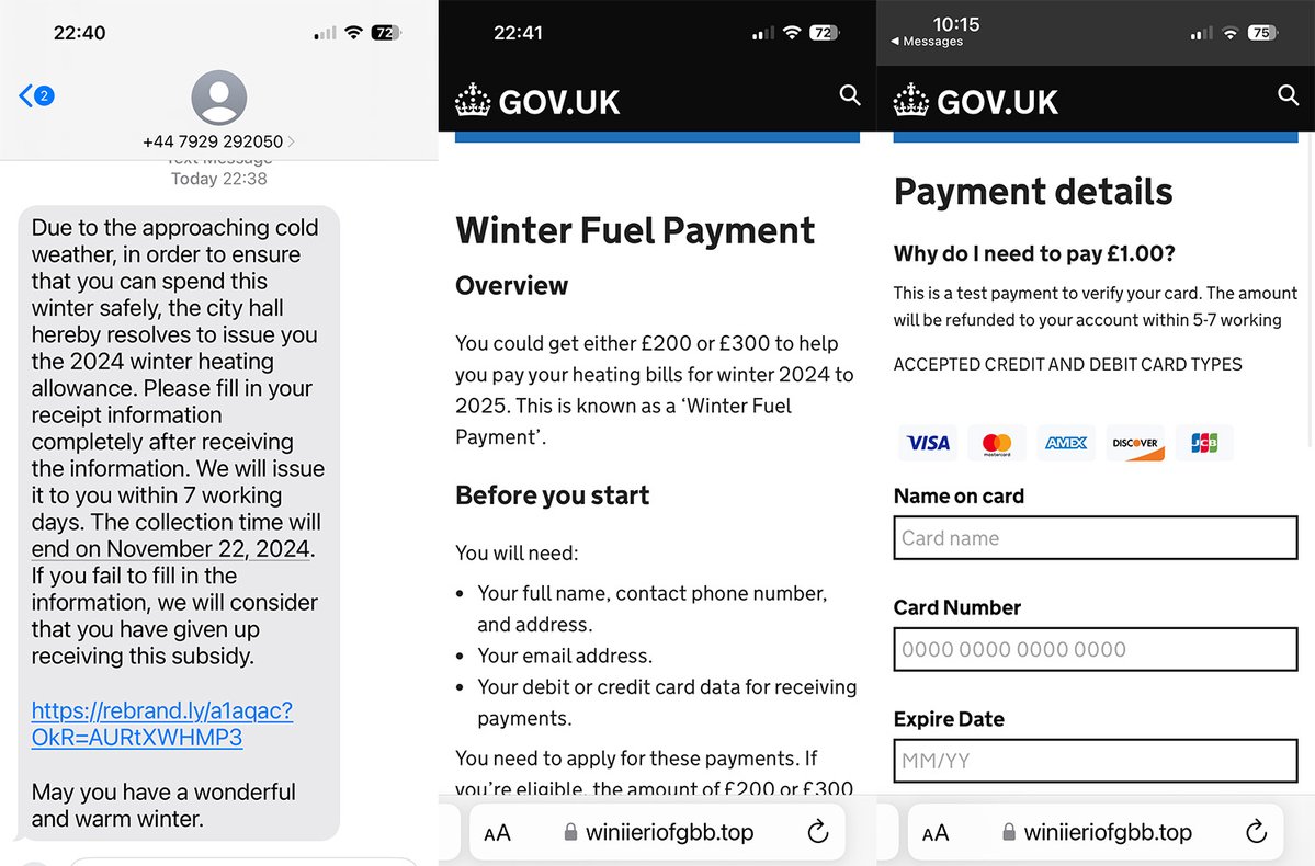 We've received reports of a text message scam that directs people to a fake winter fuel website.

If you receive this text, do not click on the link and do not enter your personal information.

Most people get winter fuel payments automatically.

See gov.uk/winter-fuel-pa…
