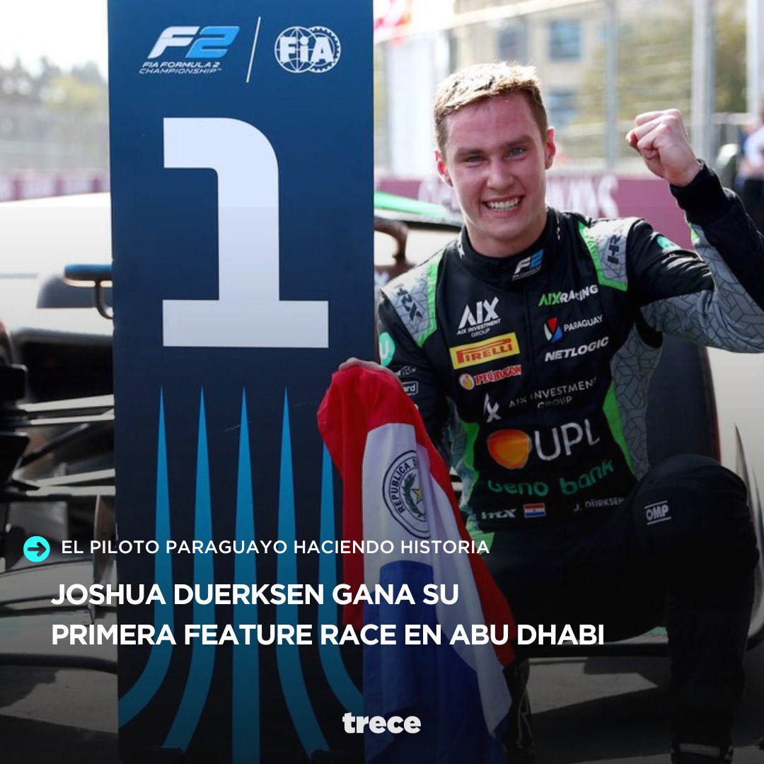 ¡NUESTRO PILOTO HACIENDO HISTORIA UNA VEZ MÁS!🇵🇾🏎️

<a href="/JoshuaDuerksen1/">Joshua Duerksen 🇵🇾</a> es el ganador de la última carrera del año de la <a href="/Formula2/">Formula 2</a> en Abu Dhabi, siendo su primera victoria en una Feature Race. 🔥

Sos grande Joshua🤩

#Trece #SiempreConectados #Formula2 #F2 #JoshuaDuerksen