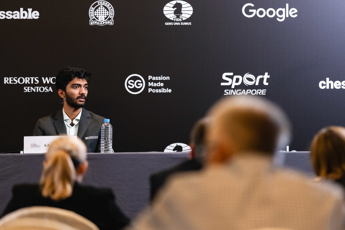FIDE_chess's tweet photo. "I don’t think my opponent was playing for draws - he had some better positions in the match. It’s a 14 games long match and you can’t plan from the start to take the match to the tiebreaks, because in chess mistakes always happen." - Gukesh D 🇮🇳

📷 Eng Chin An #DingGukesh https://t.co/QHF9yx0Nex