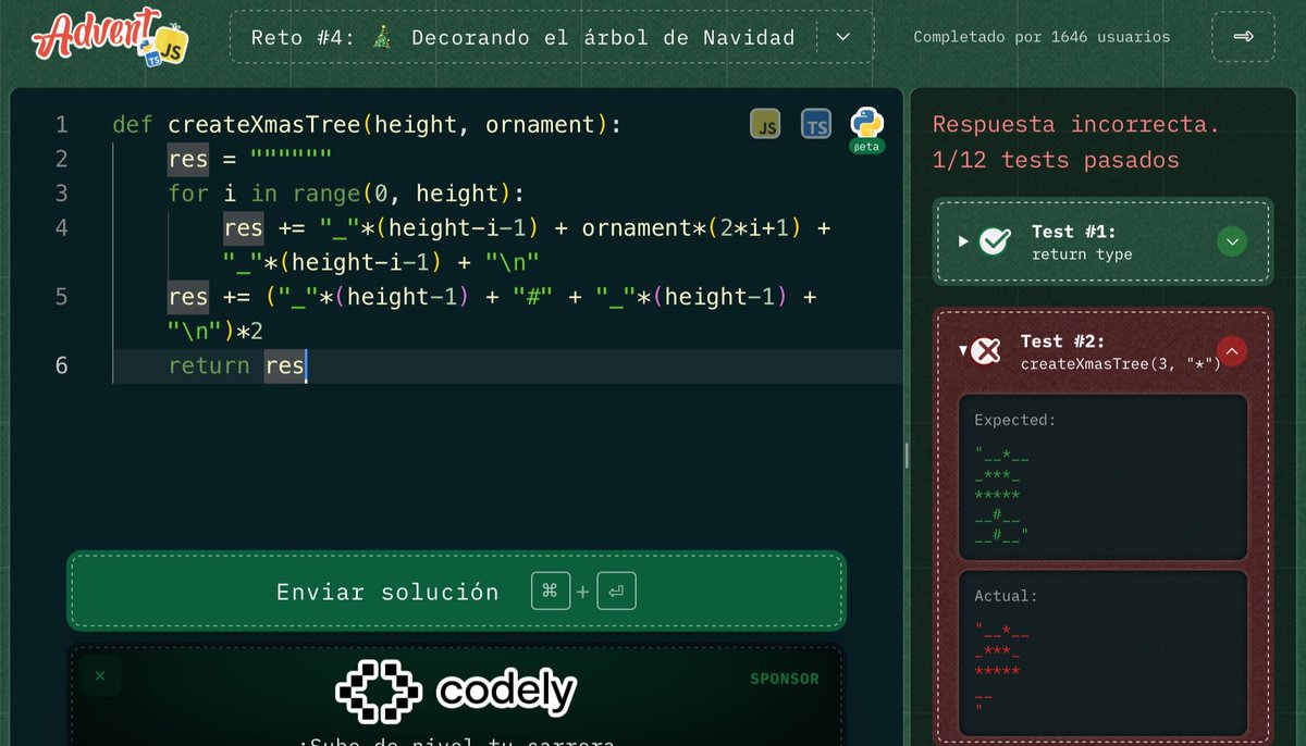 ugulberto's tweet image. @midudev Hay un error en el advent js.
No sé si sabías de él, es en relación con el compilador de python.
En el problema de crear un árbol de navidad, en el tallo había que usar almohadillas.
Pero al ponerla como string (&quot;#&quot;), ¡el compilador la detectó como comentario!
#adventjs
