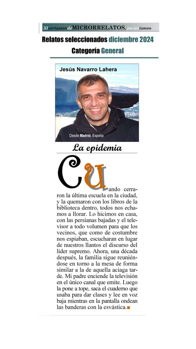 Qué alegría más grande. Mi microrrelato «La epidemia» está dentro de los textos seleccionados este mes para pasar a la final anual del certamen Javier Tomeo. 
Gracias a la
Asociación Literaria y Artística Poiesis y a la revista Compromiso y Cultura por haber elegido mi cuento.