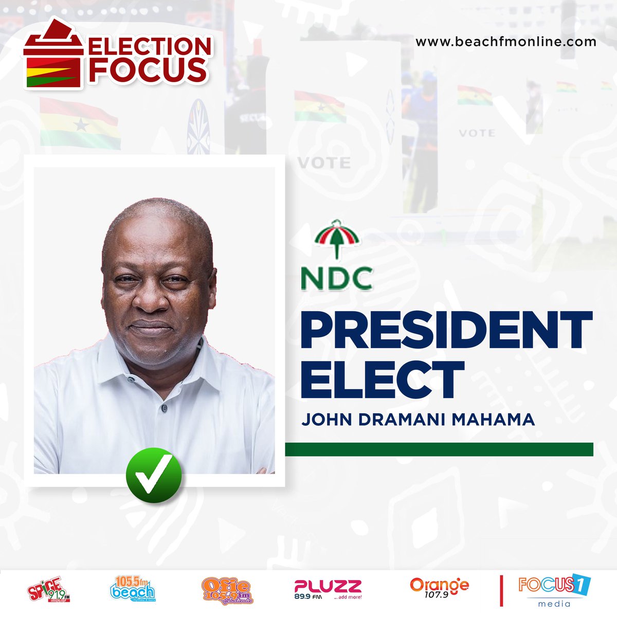 Spice919fm's tweet photo. 🚨Congratulations to NDC John Mahama as the new Presidential Elect of the Republic of Ghana.
#ElectionFocus
#GhanaPolls2024
#GhanaDecides2024
#Election2024 https://t.co/sHGFKIX5fh