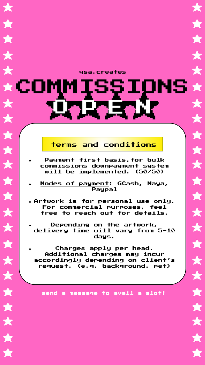 [pls rt]

hi im opening slots for comms this december! see pictures for further details 🗯️🎨