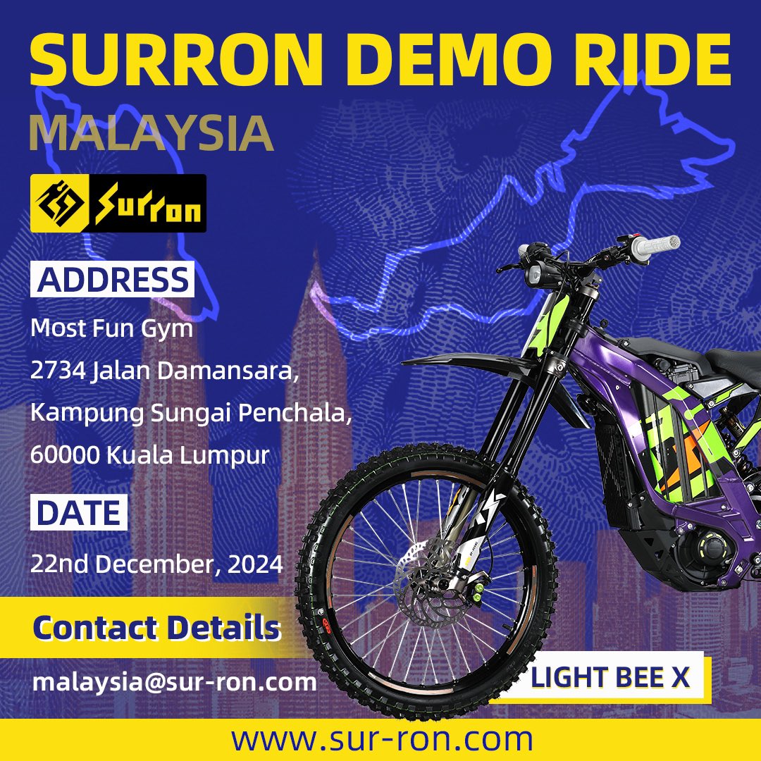 surrontech's tweet image. The Future of Riding is Here! Join SURRON for our first-ever official demo ride event in Malaysia .Featuring our full motocycle lineup.

sur-ron.com
#surron #lightbee #demoride #ultrabee #hyperbee #offroad #dirtbike