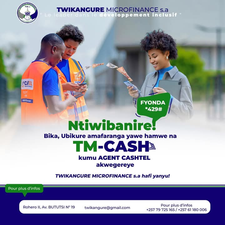 AgasekeTv's tweet photo. Kumwe na #TM_Cash ubuzima bwaroroshe muri #Twikangure_microfinance.
Biciye mu buhinga bwa none #TM_Cash bafatanije na #Cashtel, urabika , ukabikura kuri konti yawe utiriwe urashika ku cicaro ca Twikangure microfinance. https://t.co/1asMHtb1QG