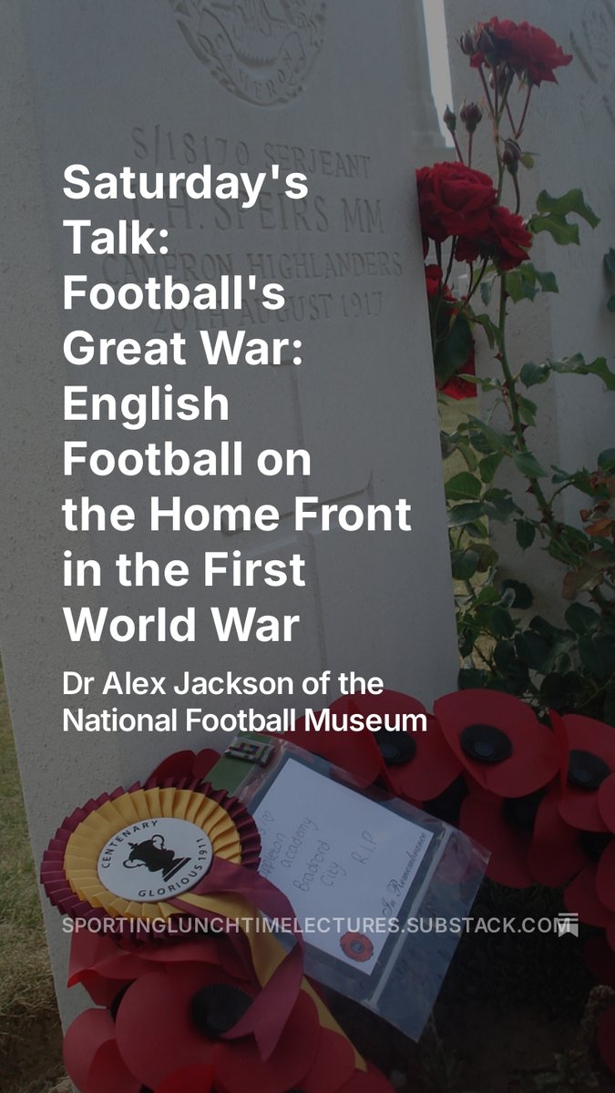 David Pendleton (@davidpendleton0) on Twitter photo Saturday's sporting lunchtime lecture <a href="/TheRecordCafe/">The Record Café</a> features <a href="/FootballMuseum/">Nat. Football Museum</a> <a href="/DrAlexJack1/">Dr Alexander Jackson</a>, football & WW1. How the game went on, despite the carnage at the front; pitch invasions to match fixing, football during the war was as incident packed as ever.
open.substack.com/pub/sportinglu… Saturday's sporting lunchtime lecture <a href="/TheRecordCafe/">The Record Café</a> features <a href="/FootballMuseum/">Nat. Football Museum</a> <a href="/DrAlexJack1/">Dr Alexander Jackson</a>, football & WW1. How the game went on, despite the carnage at the front; pitch invasions to match fixing, football during the war was as incident packed as ever.
open.substack.com/pub/sportinglu…