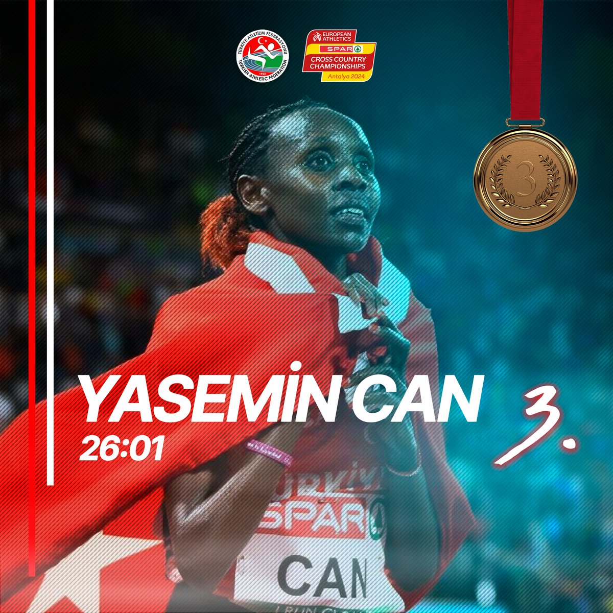 TRAtletizm's tweet photo. Yasemin Can, 26:01’lik derecesiyle kadınlarda Avrupa Kros Şampiyonası üçüncüsü olarak bronz madalya kazandı. 👏🏻

Tebrikler Yasemin! 🇹🇷❤️🤍 https://t.co/Fni92YiAGh
