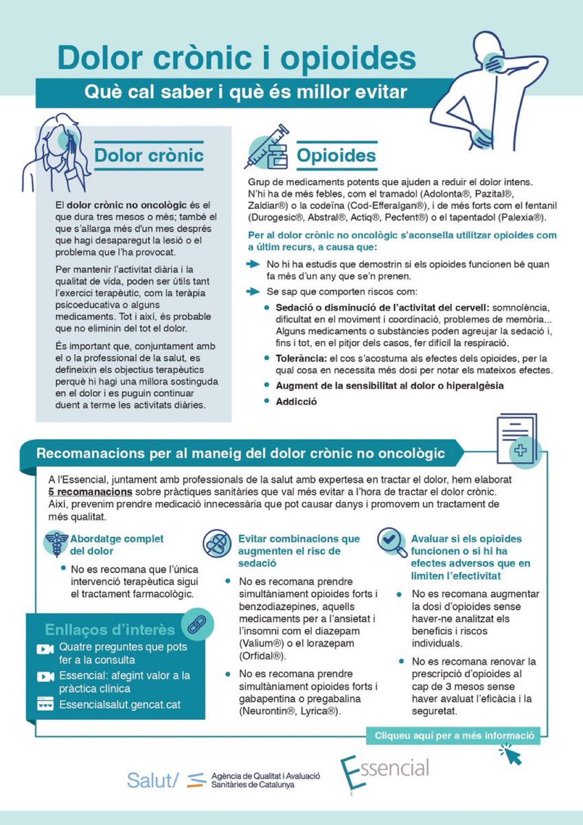 💡 Sabies que per al dolor crònic no oncològic s’aconsella utilitzar opioides només com a últim recurs? 

Descobreix 5 recomanacions per prevenir medicacions innecessàries i millorar el tractament.

#EssencialSalut <a href="/AQuAScat/">AQuAS</a> 

👉  essencialsalut.gencat.cat/web/.content/m…