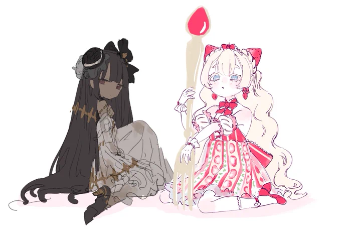 久しぶりに擬人化キャラデザしましたおもちゃう先生のチョコケーキちゃんと並べてもらった!絵描きの戯れいっちゃん楽しい…