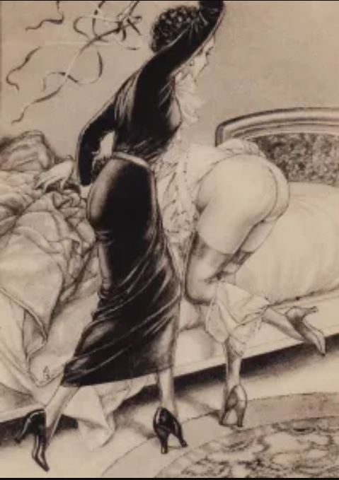 Beautiful art made by French artist Herric (Chéri Hérouard, 1881-1961), probably made 1938, for the book "Venez ici, qu’on vous fouette!" (Come here, so we can whip you!)
