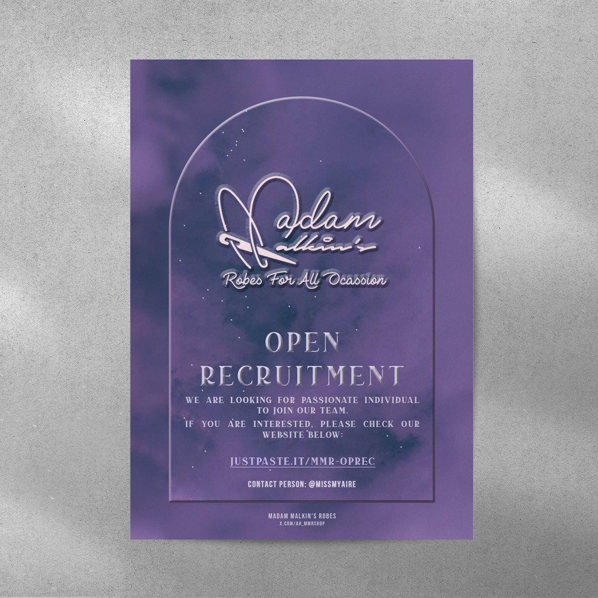 ㅤ

✨ 𝐎𝐏𝐄𝐍 𝐑𝐄𝐂𝐑𝐔𝐈𝐓𝐌𝐄𝐍𝐓 ✨
      𝓯𝓸𝓻   Madam Malkin's Robes. 

        : justpaste.it/mmr-oprec

❝ Seize the chance to become one of the Wizarding World's top tailors—it's too magical to miss! ❞

ㅤ