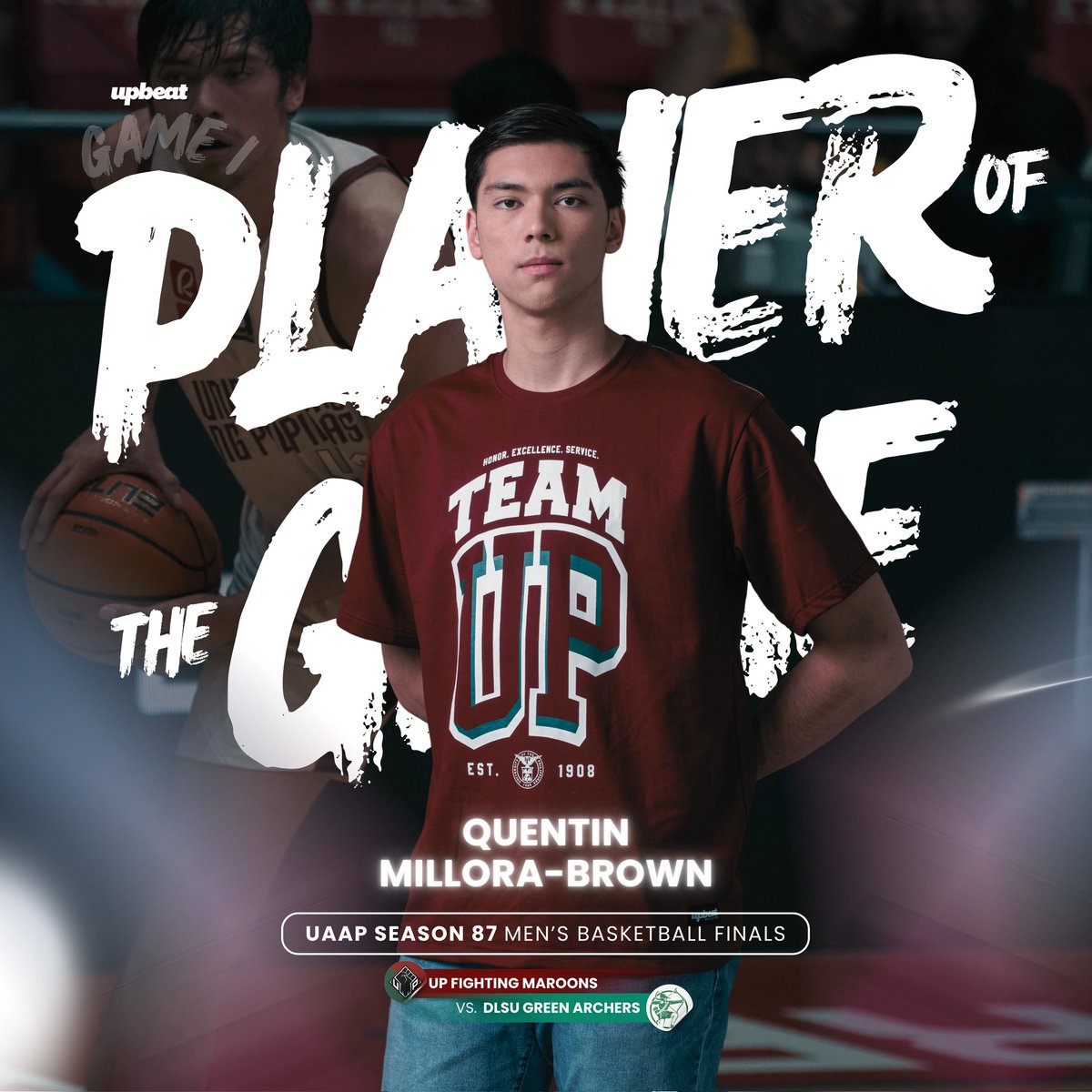 upbeatmerch's tweet photo. WE ONLY KNOW SIX LETTERS, Q-M-B P-O-G! 🤚☝️

UP vs. DLSU Player of the Game: Quentin Millora-Brown; 17 points, 9 rebounds, 2 steals 7-11 FGs

#WearYourPride 
#UPFight
#StrongerBetterTogether https://t.co/8rXGclu6sK