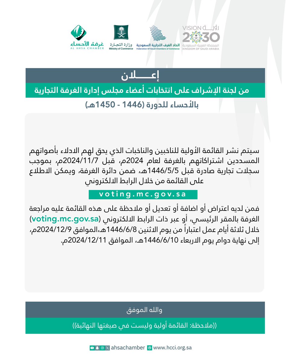 ahsachamber's tweet photo. #إعـــــــلان
تعلن لجنة الإشراف على انتخابات أعضاء مجلس إدارة #غرفة_الأحساء (1446 - 1450هـ)
عن ﻧﺸﺮ اﻟﻘﺎﺋﻤﺔ اﻷوﻟﻴﺔ ﻟﻠﻨﺎﺧﺒﻴﻦ واﻟﻨﺎﺧﺒﺎت ممن ﻳﺤﻖ ﻟﻬﻢ الإدلاء ﺑﺄﺻﻮاﺗﻬﻢ، اﻟﻤﺴﺪدﻳﻦ اﺷﺘﺮاﻛﺎﺗﻬﻢ ﺑﺎﻟﻐﺮﻓﺔ ﻟﻌﺎم 2024م، ﻗﺒﻞ تاريخ 2024/11/7م، ﺑﻤﻮﺟﺐ
ﺳﺠﻼت ﺗﺠﺎرﻳﺔ ﺻﺎدرة ﻗﺒﻞ تاريخ 1446/5/5ﻫـ، ﺿﻤﻦ داﺋﺮة اﻟﻐﺮﻓﺔ. 
وﻳﻤﻜﻦ اﻻﻃﻼع ﻋﻠﻰ اﻟﻘﺎﺋﻤﺔ ﻣﻦ ﺧﻼل الموقع الإلكتروني عبر الرابط التالي🔗
https://t.co/Dh2pxbRdid
