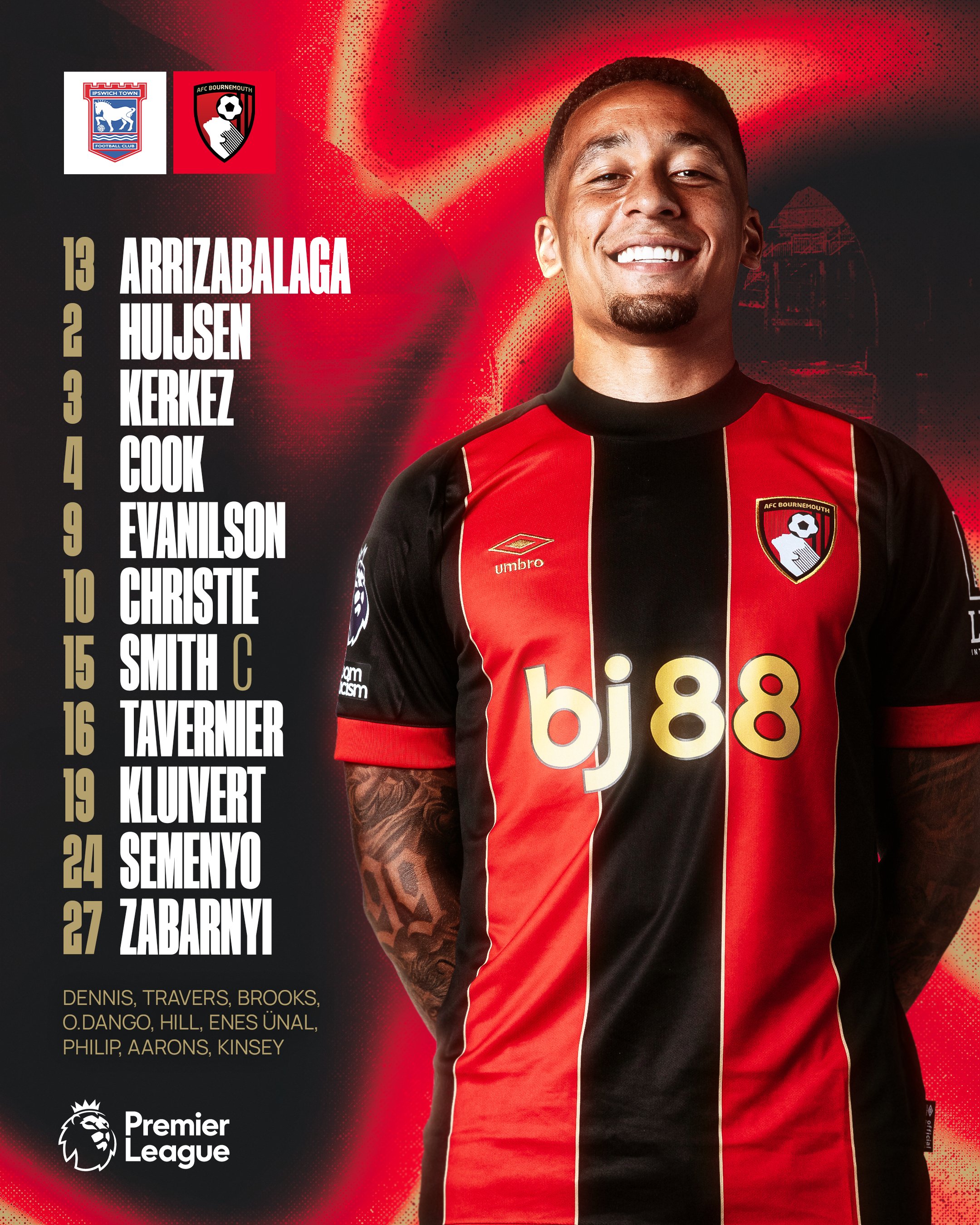 The AFC Bournemouth team news for Ipswich. Arrizabalaga, Huijsen, Kerkez, Cook, Evanilson, Christie, Smith (C), Tavernier, Kluivert, Semenyo, Zabarnyi.