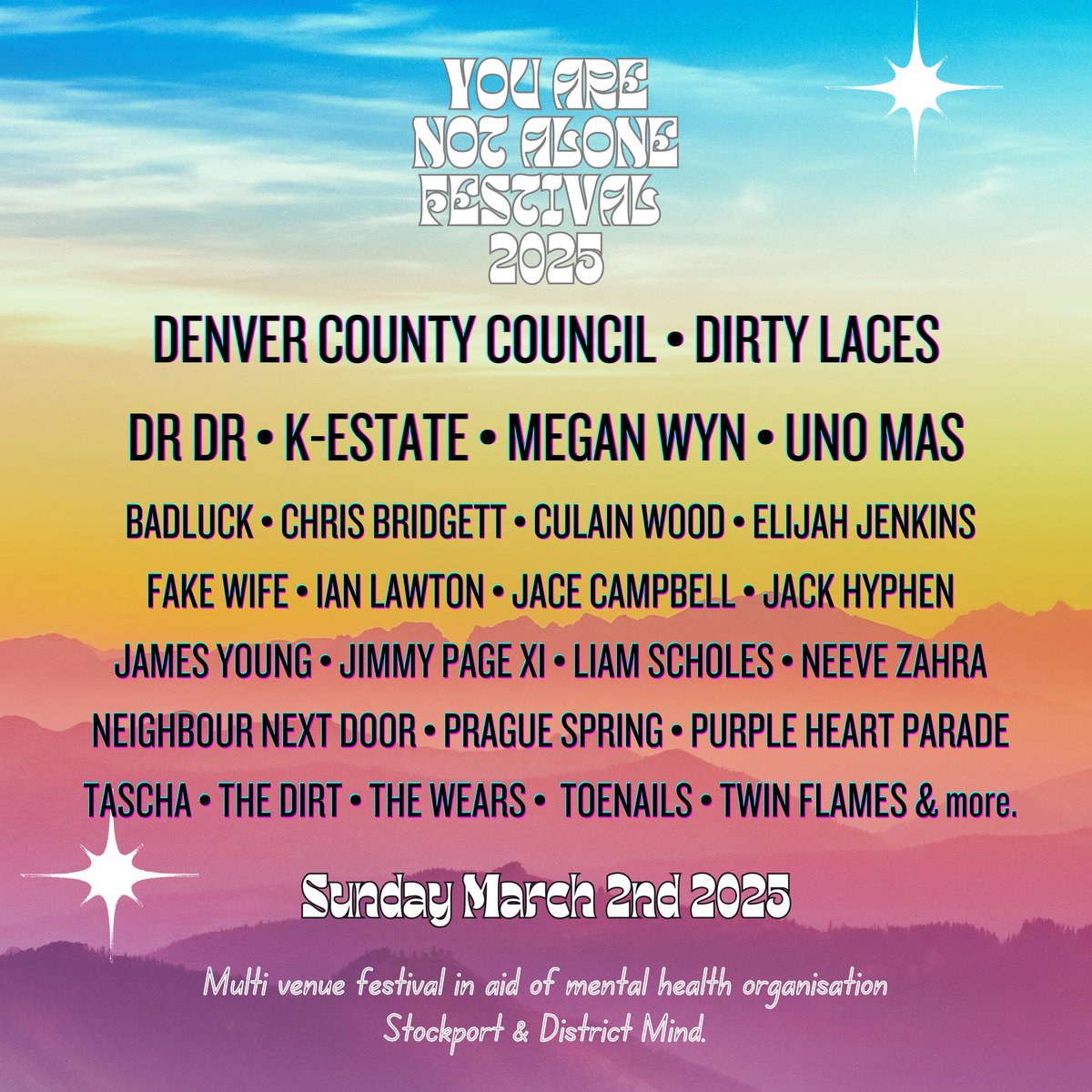 You Are Not Alone Festival (@yanafest) on Twitter photo A handful of new artists released for next years festival, coming next week 🩷❤️❤️💛💚🩵💙💜
Wristbands are just £12.50.
30+ artists, 4 venues, in aid of <a href="/stockportmind/">Stockport Mind</a>.
Tickets > seetickets.com/event/you-are-… A handful of new artists released for next years festival, coming next week 🩷❤️❤️💛💚🩵💙💜
Wristbands are just £12.50.
30+ artists, 4 venues, in aid of <a href="/stockportmind/">Stockport Mind</a>.
Tickets > seetickets.com/event/you-are-…