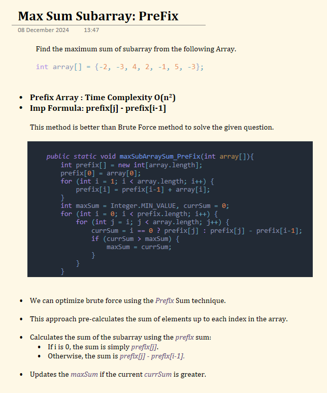 raaam_02's tweet photo. Finding max sum of subarray better approach then brute force is Prefix array

we use prefix array to store the sum of elements till the index

this leads to 
O(n^2): time complexity
O(n):  space complexity

which better than the basic algo which gives 
TM: O(n^3) https://t.co/obnxfPBhjH