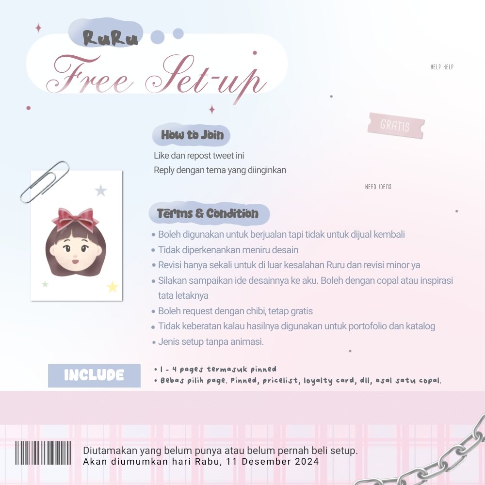 ⠀  𝐑𝐔𝐑𝐔 : 𝐅𝐑𝐄𝐄 𝐒𝐄𝐓𝐔𝐏 
─── ･ ｡ﾟ☆: *.☽ .* :☆ﾟ. ───

Dalam rangka menambah portofolio 
Ruru mau bagi-bagi setup secara gratis
Bagi yang butuh silakan ikut ya ★

8-11 Desember 2024 (mungkin diperpanjang kalau sepi) #zonauang