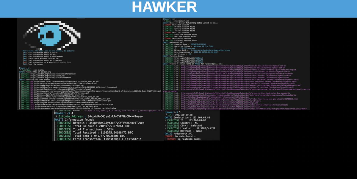 HAWKER

Free #python tool for gathering information about full names, emails, phones, numbers, bitcoin addresses and IPs.

github.com/RetrO-M/Hawker

#osint #socmint