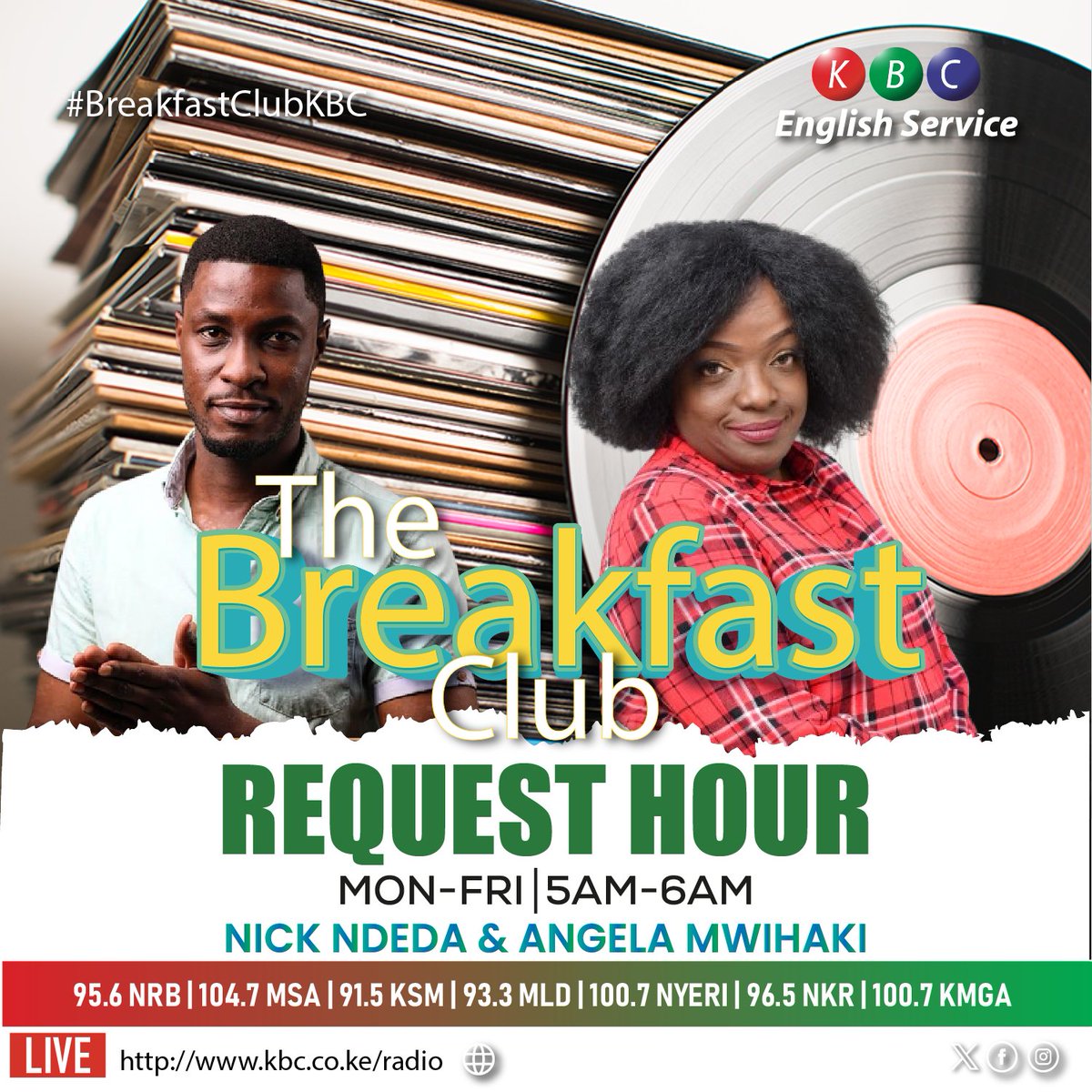 KBC English Service (@kbcenglish) on Twitter photo Start the week with the songs you want to listen to.
Make your Country song request and tune in to the Breakfast Club, 5AM to 6AM to enjoy the songs of your choice.
HAPPY NEW WEEK!
Listen live: kbc.co.ke/radio/
^PMN
#BreakfastClubKBC
<a href="/NickNdeda/">Nick Ndeda</a> | <a href="/angelamwihaki/">Angie Haki</a> Start the week with the songs you want to listen to.
Make your Country song request and tune in to the Breakfast Club, 5AM to 6AM to enjoy the songs of your choice.
HAPPY NEW WEEK!
Listen live: kbc.co.ke/radio/
^PMN
#BreakfastClubKBC
<a href="/NickNdeda/">Nick Ndeda</a> | <a href="/angelamwihaki/">Angie Haki</a>