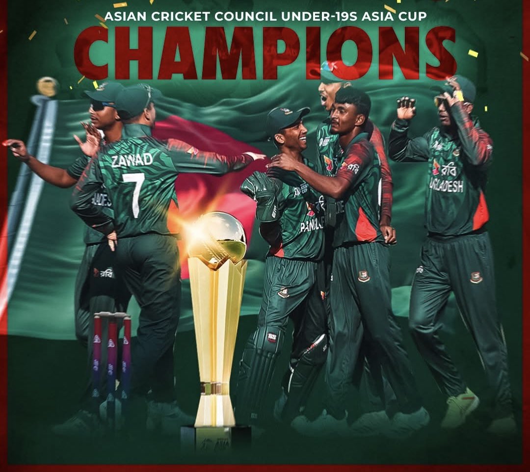 AsifMahmud36's tweet photo. Bangladesh won the second consecutive title by defeating India in the final of the Under-19 Asia Cup. Congratulations have been extended by the Honorable Adviser of the Ministry of Youth and Sports, Mr. Asif Mahmud Shojib Bhuyain.

(-Admin) https://t.co/s69zBPOCZv