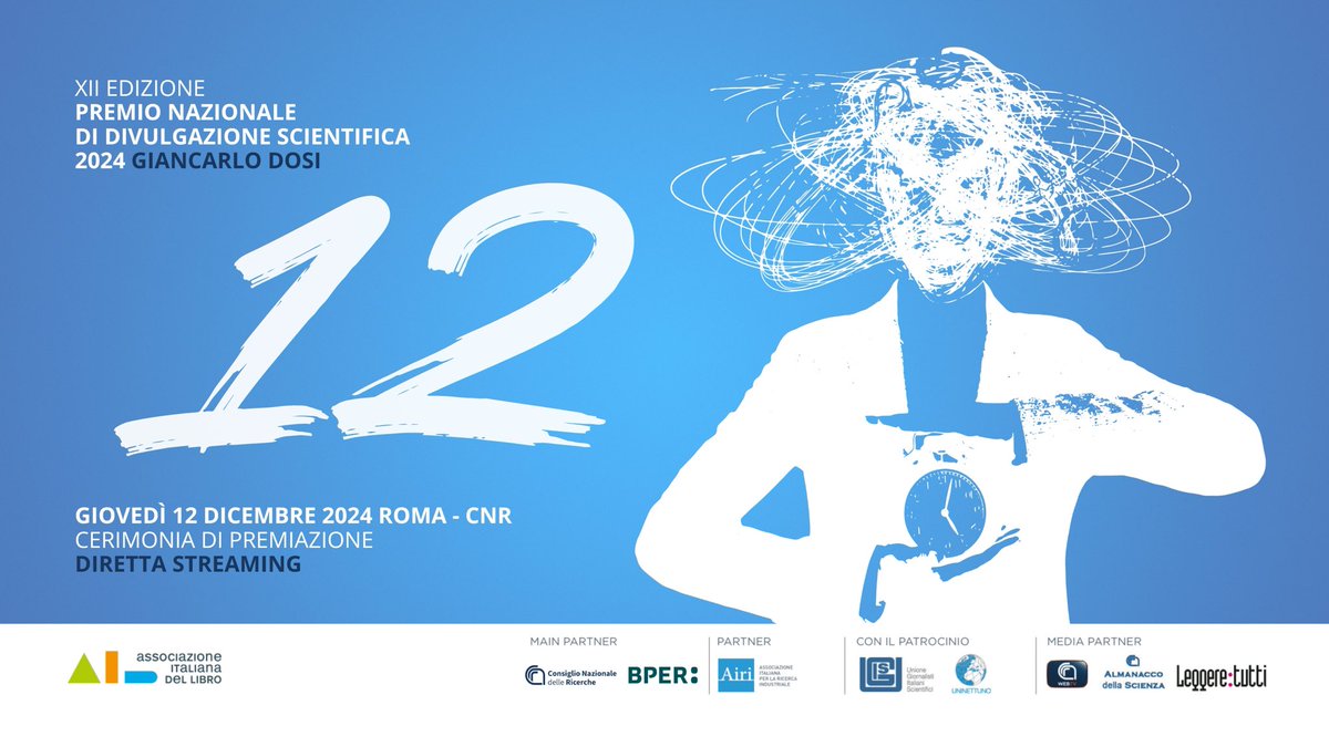 📣Giovedì 12 dicembre al Consiglio Nazionale delle Ricerche di Roma (Piazzale Aldo Moro 7, Roma) dalle ore 15.00 alle 17.00 la finalissima della dodicesima edizione del Premio Nazionale di Divulgazione Scientifica 2024 Giancarlo Dosi <a href="/CNRsocial_/">CNR Consiglio Nazionale delle Ricerche</a> <a href="/BPER_Banca/">BPER Banca</a>