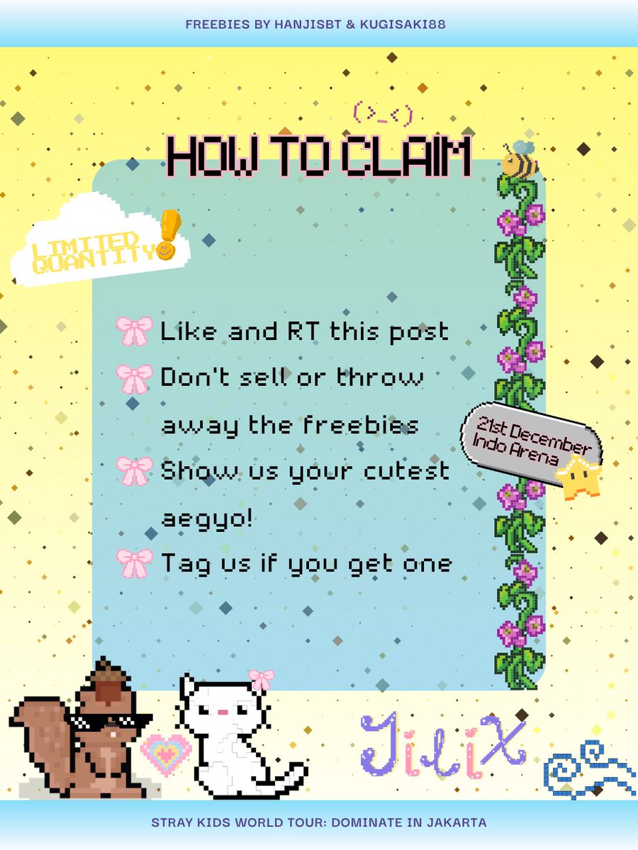 ✮ 🐱˚₊ ⋆ Stray Kids DominATE in Jakarta FREEBIES! 🐿️ ཐི ཋྀ ✨ 

by <a href="/hanjisbt/">nella #1 collision defender</a> <a href="/kugisaki88/">Nesi ☯︎ | Semi IA</a>
art by <a href="/sooniebbit/">rei 🐈‍⬛ — mt after dm</a> 

🎸♫¸¸ 𝓢𝓾𝓷𝓼𝓱𝓲𝓷𝓮 𝓢𝓸𝓾𝓵𝓶𝓪𝓽𝓮𝓼¸¸ ♫🪽

🗓️ : Dec 21st, 2024 
📍 : Indo Arena 
🌀 More details on pic! 🌀

see you stays! 🫶

#DominATE_Jakarta #StrayKids