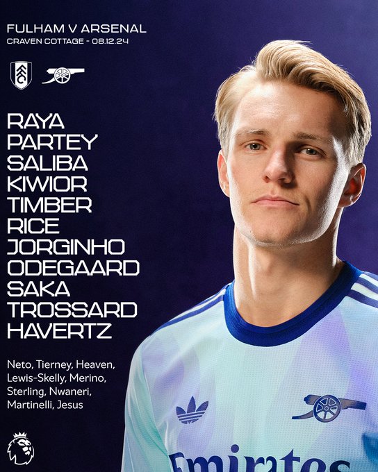 Starting XI: Raya, Partey, Saliba, Kiwior, Timber, Rice, Jorginho, Odegaard, Saka, Trossard, Havertz

Substitutes: Neto, Tierney, Heaven, Lewis-Skelly, Merino, Sterling, Nwaneri, Martinelli, Jesus