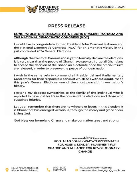 LightTvGh's tweet photo. #ghanadecides2024: Alan Kyerematen extends his congratulations to John Dramani Mahama and the National Democratic Congress (NDC) on their success in the 2024 elections. https://t.co/mzPT5ETkUj