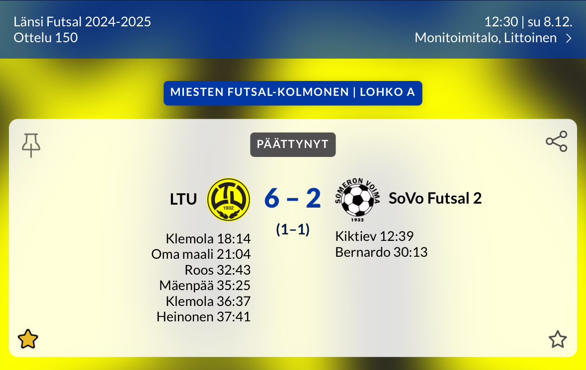 Miesten Futsal-Kolmonen:

LTU - SoVo 2 6-2 (1-1)

tulospalvelu.palloliitto.fi/match/3682652/…