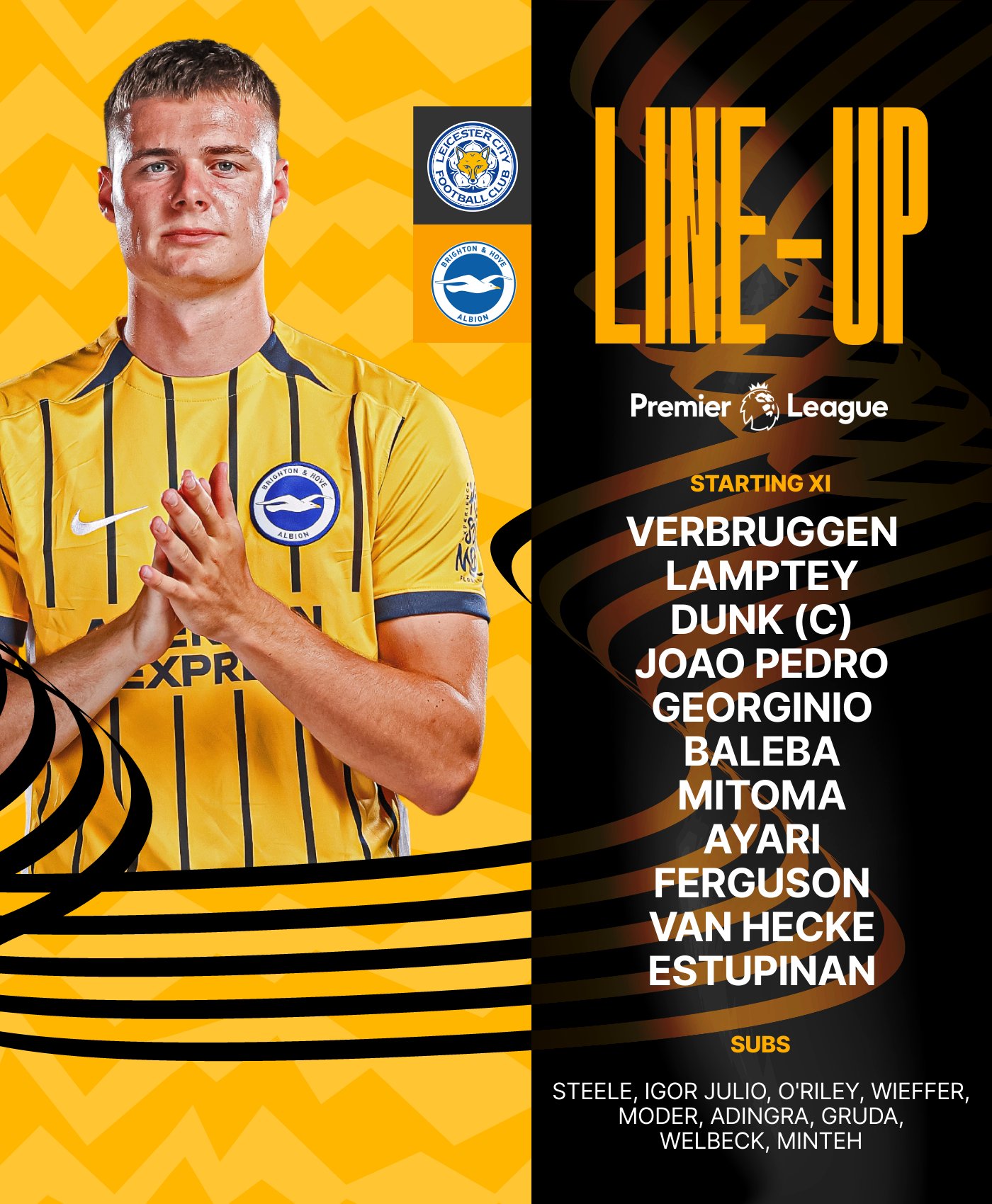 Albion's team graphic v Leicester, featuring a pic of Evan Ferguson in our away kit: Verbruggen, Lamptey, Dunk (C), Joao Pedro, Georginio, Baleba, Mitoma, Ayari, Ferguson, van Hecke, Estupinan. 

Subs: Steele, Igor Julio, O'Riley, Wieffer, Moder, Adingra, Gruda, Welbeck, Minteh.

Come on Albion!