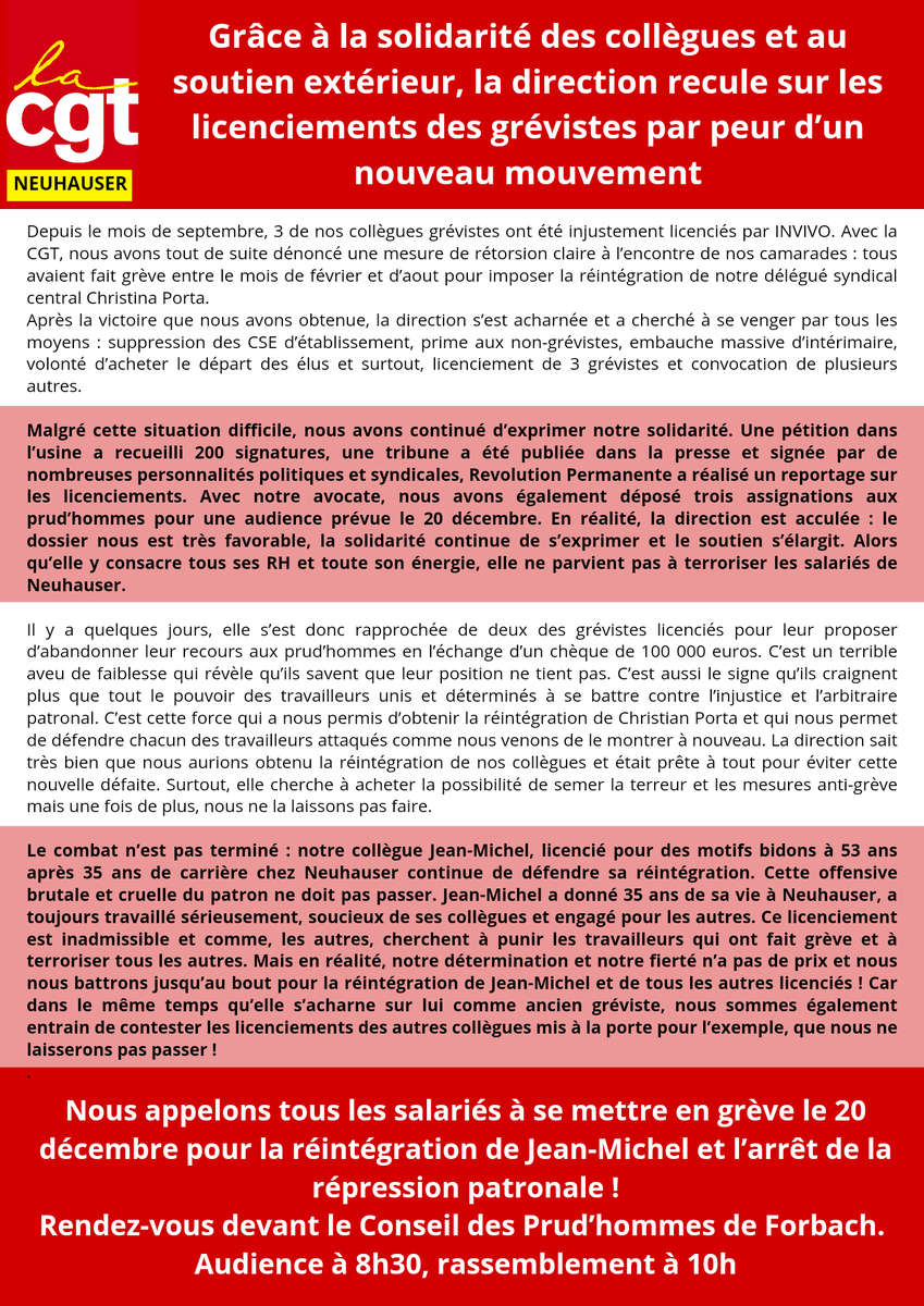 Grâce à la solidarité des collègues 💪 et au soutien extérieur 🙏, la direction recule sur les licenciements des grévistes !  Nous appelons tous les salariés à se mettre en grève le 20 décembre. Rdv devant les Prud’hommes de Forbach. Audience à 8 h 30, rassemblement à 10 h.