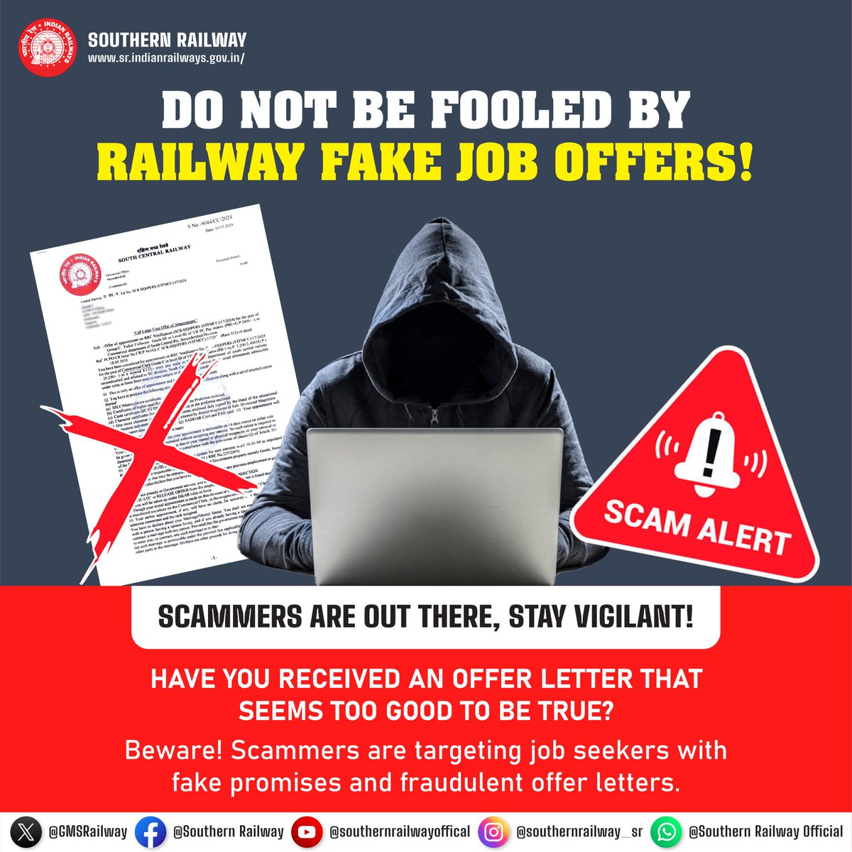drmmadurai's tweet photo. Beware of Fraudulent Railway Job Offers: #StayVigilant Against Scammers!
This is happening every day, but it will stop once you're aware of this. Spread the news and be the change - let's work together to combat these job scams!
#RailwayJobScams #FakeOffers #SouthernRailway https://t.co/a1Py2r4kob