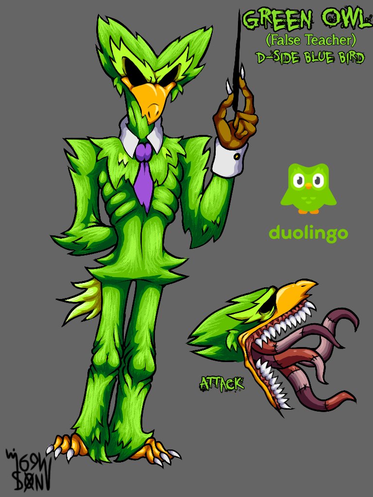wilson69wendigo's tweet photo. There he is
meet the "False Teacher" or "Green Owl" 
#theycalledmesonic #BirdsInBlue #TwitterWorld #Duolingo #exeoc #dsides #fnfDsides https://t.co/RNPGVrCcu6