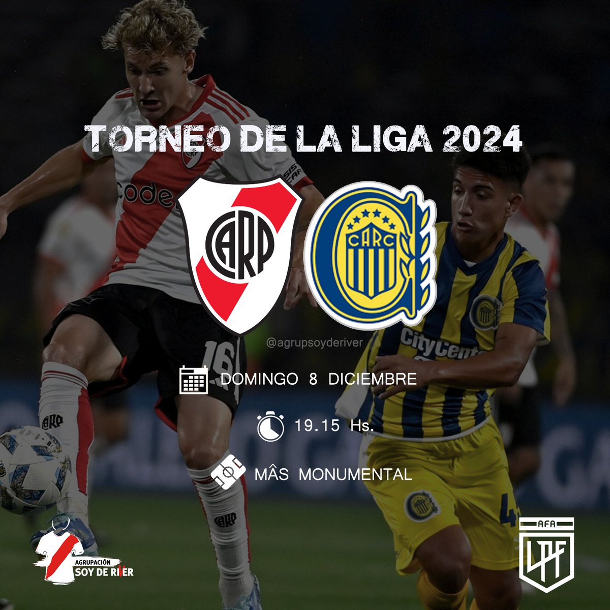 𝗛𝗢𝗬 𝗝𝗨𝗘𝗚𝗔 𝗥𝗜𝗩𝗘𝗥
Último partido del año en casa.
Nosotros siempre vamos a estar.
•
⚽ River Plate 🆚️ Rosario Central
🏆 Torneo de La Liga
📆 Domingo 8 diciembre
🕑 19.15 Hs.
🏟️ Mâs Monumental 
🔎 Yael Falcón Perez
📺 TNT Sports