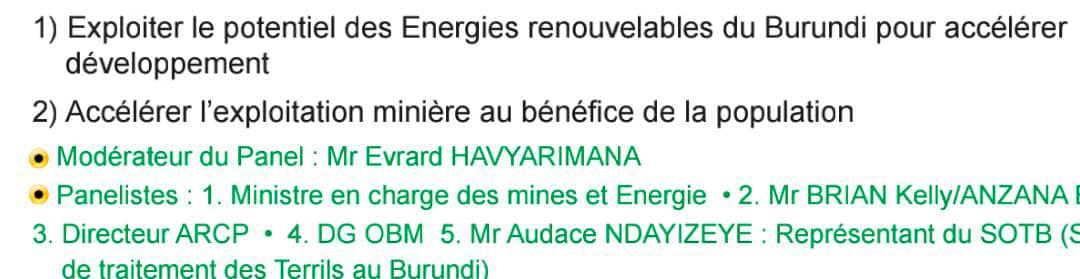 Office Burundais des Mines et Carrières ( OBM) (@obm_office) on Twitter photo Au 2è jr de la Table Ronde, les présentations du Ministre du @minergiemine1 et du DG de l'<a href="/OBM_office/">Office Burundais des Mines et Carrières ( OBM)</a> ont porté respectivement sur Exploiter le potentiel des énergies renouvelables du Bdi pour accélérer le dévpt et Accélérer l'exploitation minière au bénéfice de la population Au 2è jr de la Table Ronde, les présentations du Ministre du @minergiemine1 et du DG de l'<a href="/OBM_office/">Office Burundais des Mines et Carrières ( OBM)</a> ont porté respectivement sur Exploiter le potentiel des énergies renouvelables du Bdi pour accélérer le dévpt et Accélérer l'exploitation minière au bénéfice de la population