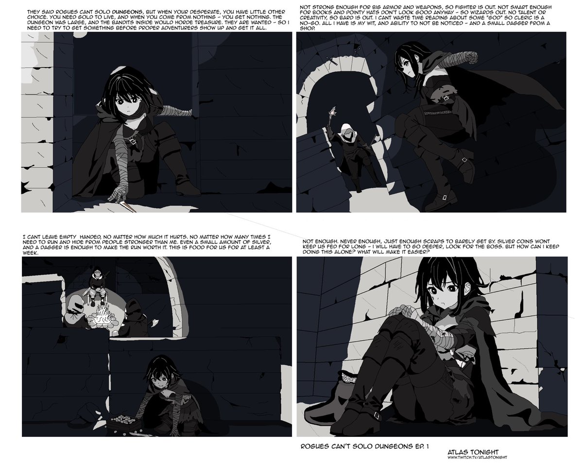 ATB_Atlas's tweet photo. i made a little comic for fun, inspired by playing dark and darker and over hearing someone say that in dnd a lvl1 rogue would struggle to solo a dungeon. i also like making pixel art 
#pixelart #comic #webcomic #rogue #art https://t.co/nOrRn8Pyom