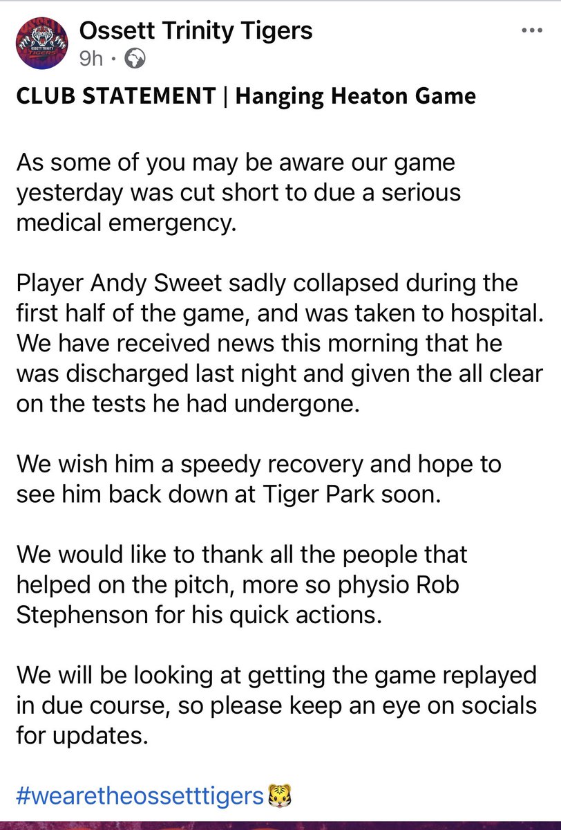 MrsG3004's tweet photo. Cant thank enough the guys who came to Andy's aid.. as a mother this was so hard to witness! Thanku Sorby for keeping me grounded, thanku to physio Rob for your swift response, I can honestly say Andy has an amazing group of friends, players and club behind him.. again thanku 😌 https://t.co/HdC4uLGOr9