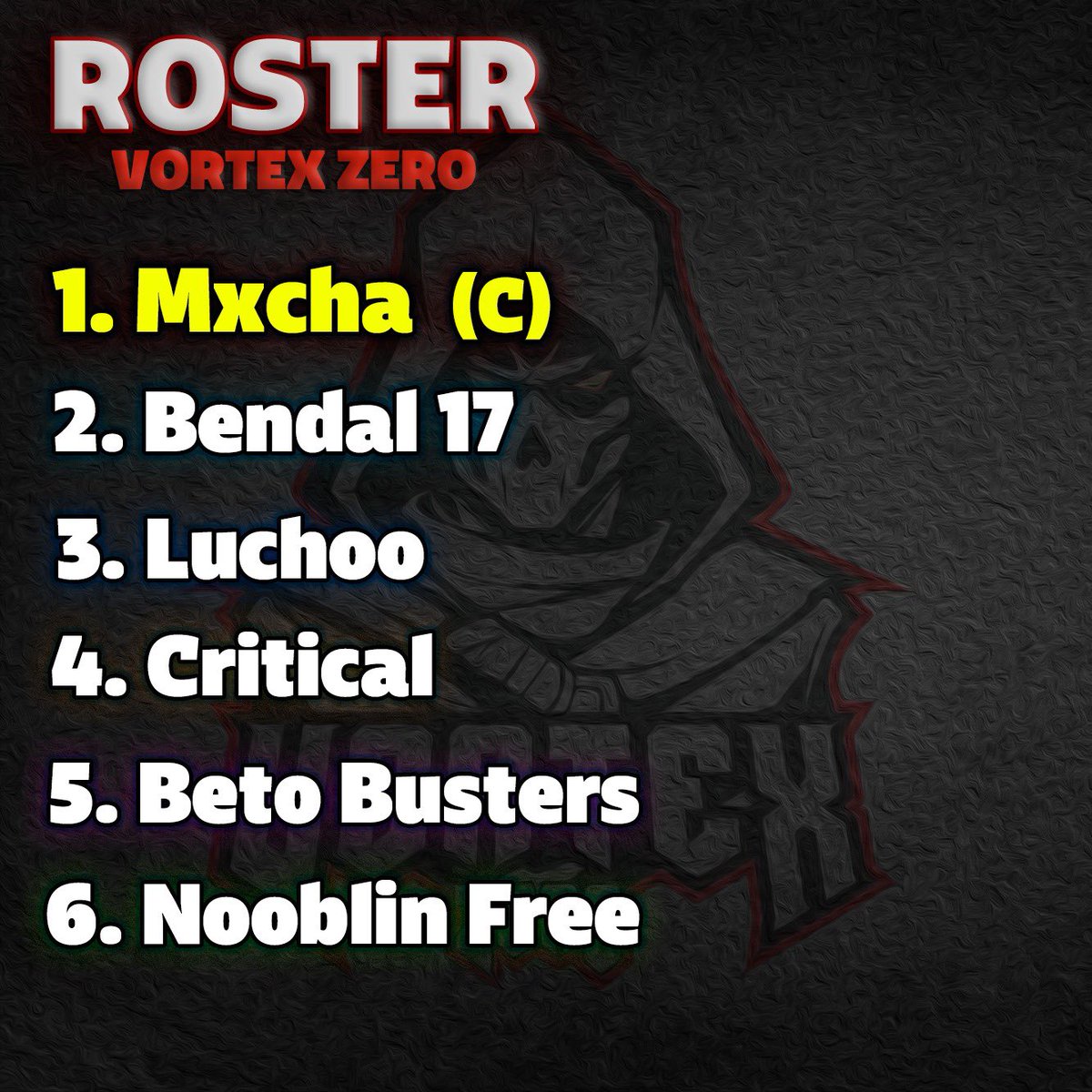 Vortex Zero (@vortexzero_sb) on Twitter photo ¡Listos para la DSTN CUP! 🏆 Nuestro roster oficial:
1️⃣ <a href="/Mxcha_SB/">Vz | Mxcha</a> (C)
2️⃣ <a href="/Bendal17_SB/">VZ | Bendal 17</a>
3️⃣ <a href="/Luchoowt/">Luchoo</a>
4️⃣ <a href="/SBCritical/">GOCritical☔️</a>
5️⃣ @Beto_busters
6️⃣ <a href="/NooblinFree/">NooblinFree</a>
A competir con todo 💥
Gracias <a href="/Dstn_exe/">VWT | Dstn〆</a> por la invitación. ¡Vamos con todo, #SquadBusters #SomosVortex! 🙌🔥 ¡Listos para la DSTN CUP! 🏆 Nuestro roster oficial:
1️⃣ <a href="/Mxcha_SB/">Vz | Mxcha</a> (C)
2️⃣ <a href="/Bendal17_SB/">VZ | Bendal 17</a>
3️⃣ <a href="/Luchoowt/">Luchoo</a>
4️⃣ <a href="/SBCritical/">GOCritical☔️</a>
5️⃣ @Beto_busters
6️⃣ <a href="/NooblinFree/">NooblinFree</a>
A competir con todo 💥
Gracias <a href="/Dstn_exe/">VWT | Dstn〆</a> por la invitación. ¡Vamos con todo, #SquadBusters #SomosVortex! 🙌🔥