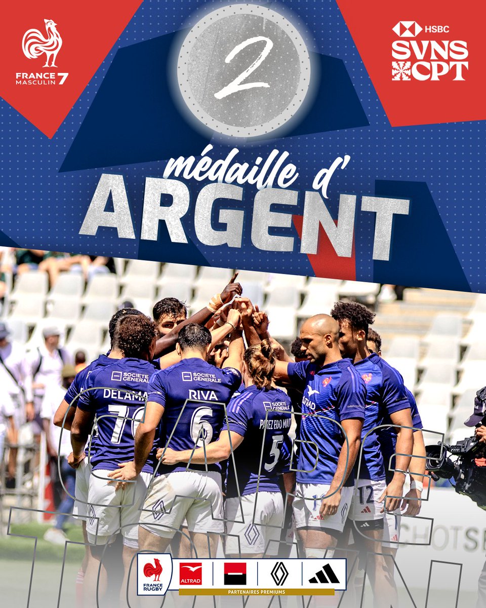 FranceRugby's tweet photo. 🥈 Une 𝗽𝗿𝗲𝗺𝗶𝗲̀𝗿𝗲 𝗺𝗲́𝗱𝗮𝗶𝗹𝗹𝗲 cette saison pour notre jeune équipe ! On continue d'apprendre et on reviendra plus fort lors de la prochaine étape !

👏💙 𝗙𝗶𝗲𝗿𝘀 𝗱𝗲 𝘃𝗼𝘂𝘀 𝗹𝗲𝘀 𝗴𝗮𝗿𝗰̧𝗼𝗻𝘀 !

#CapeTown7s #HSBCSVNSCPT https://t.co/8QvpihPChp