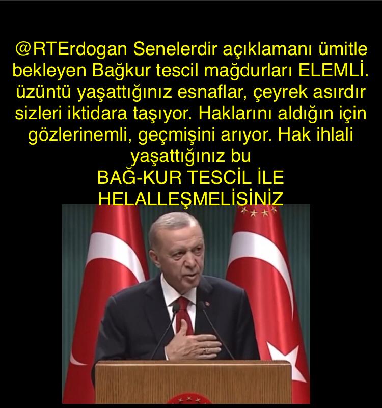 <a href="/akbasogluemin/">Av. M.Emin AKBAŞOĞLU 🇹🇷</a> <a href="/RTErdogan/">Recep Tayyip Erdoğan</a> 04 Ekim 2000'den önce hak kaybı yaşayan #BağkurTESCİL  mağdurları ortalama ( KİŞİ BAŞI 750.000 ₺ prim ödeyecek. #BağkurTESCİL  için acil yasal düzenleme şart‼️ <a href="/hlmdrgn/">Hilmi DURGUN</a> 
#BağkurTescilYasalDüzenleme

<a href="/B_Palandoken/">Bendevi Palandöken</a>
<a href="/_cevdetyilmaz/">Cevdet Yılmaz</a>
@memetsimseku
<a href="/OsmanBoyraz/">Osman Boyraz</a>
<a href="/mvaliyuksel42/">Ali Yüksel</a>