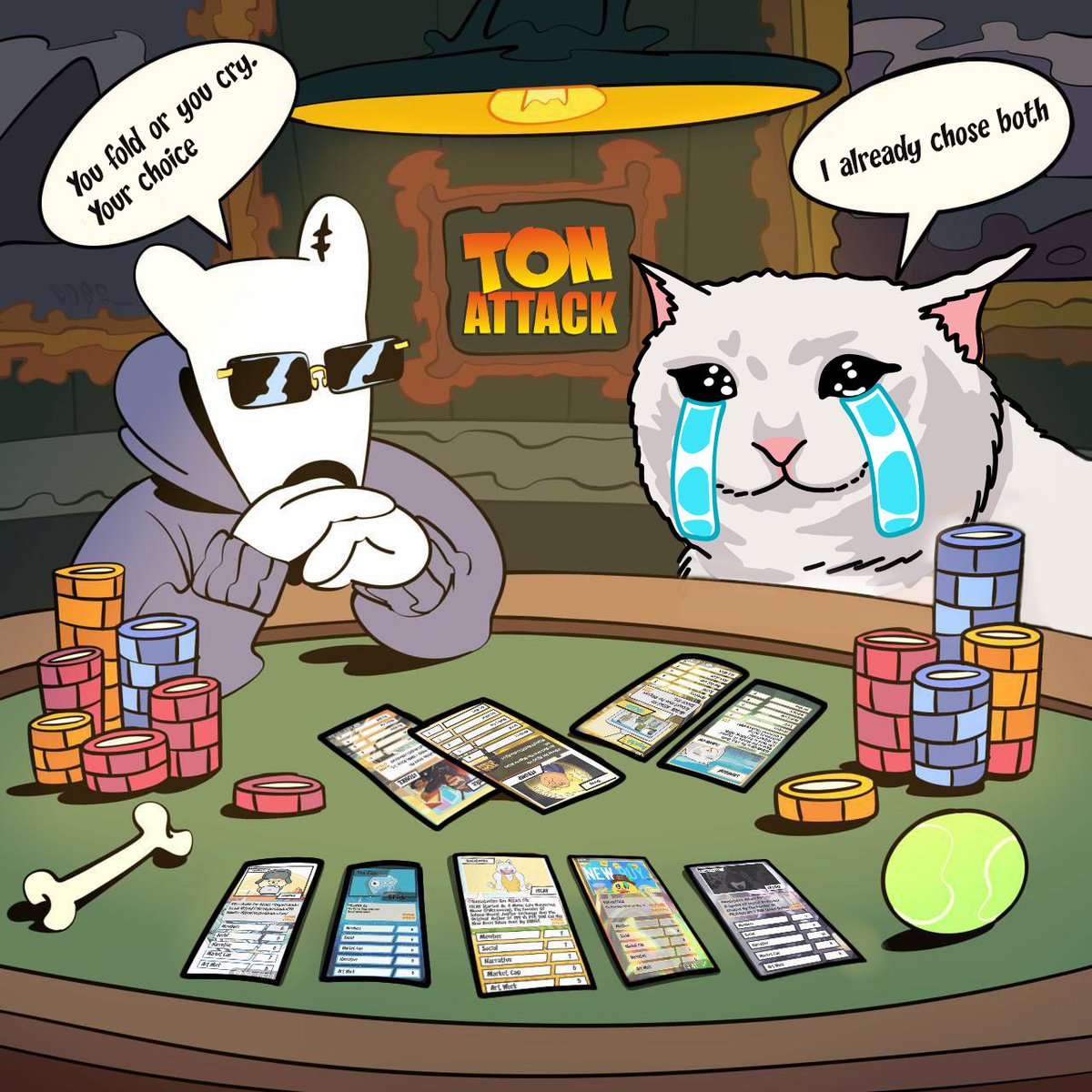 TonAttack's tweet photo. When #TonAttack cards are on the table, even the best poker face can crack! 🃏  

#SADMEOW learned this the hard way in a showdown with $DOGS 🐾😭  

Who else knows the feeling? 

$TON $TAX https://t.co/bCQmEA83AX