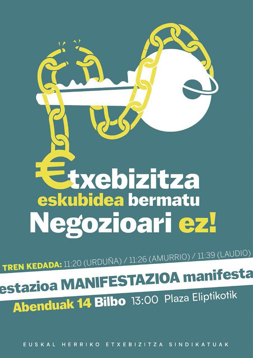 Abenduaren 14ean Euskal Herriko etxebizitza sindikatuek deitutako mobilizazioarekin bat egiten dugu. 

Hemen gure irakurketa. 

ETXEBIZITZA ESKUBIDEA BERMATU
negozioari ez!
