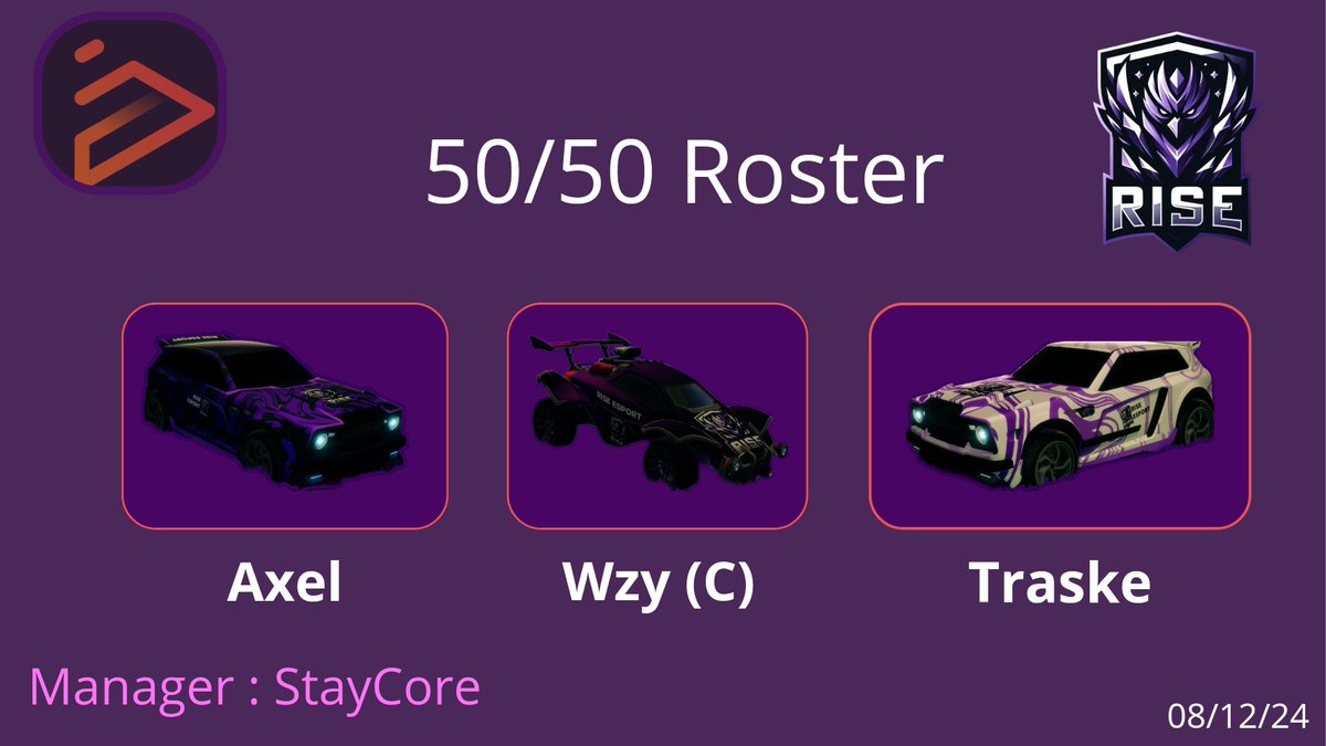 Rise_eSport_X's tweet image. Hey !
We are proud to announce the arrival of our 50/50 roster :
@StayCoreTWTV ( M )

@WzyRL_ ( Captain )
@Traske_ 
@_axel_rl 

Ready for 2025, RLCS and all upcomings events !!
#RiseEsport