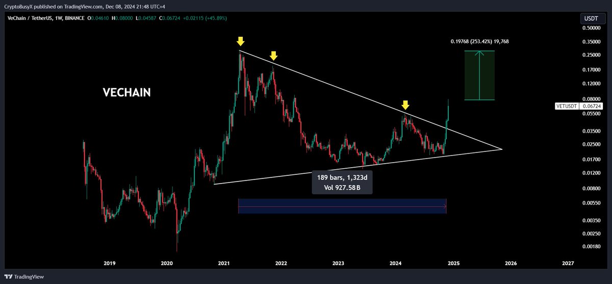 CryptoBusy's tweet image. Look at #VeChain $VET POTENTIAL in 2025! 🔥

With current prices 250% below its previous ATH

The project's ongoing technical developments &amp;amp; implementations could position it well for the anticipated MEGA BULL RUN!

Are you excited as a #VeFam ?

@vechainofficial