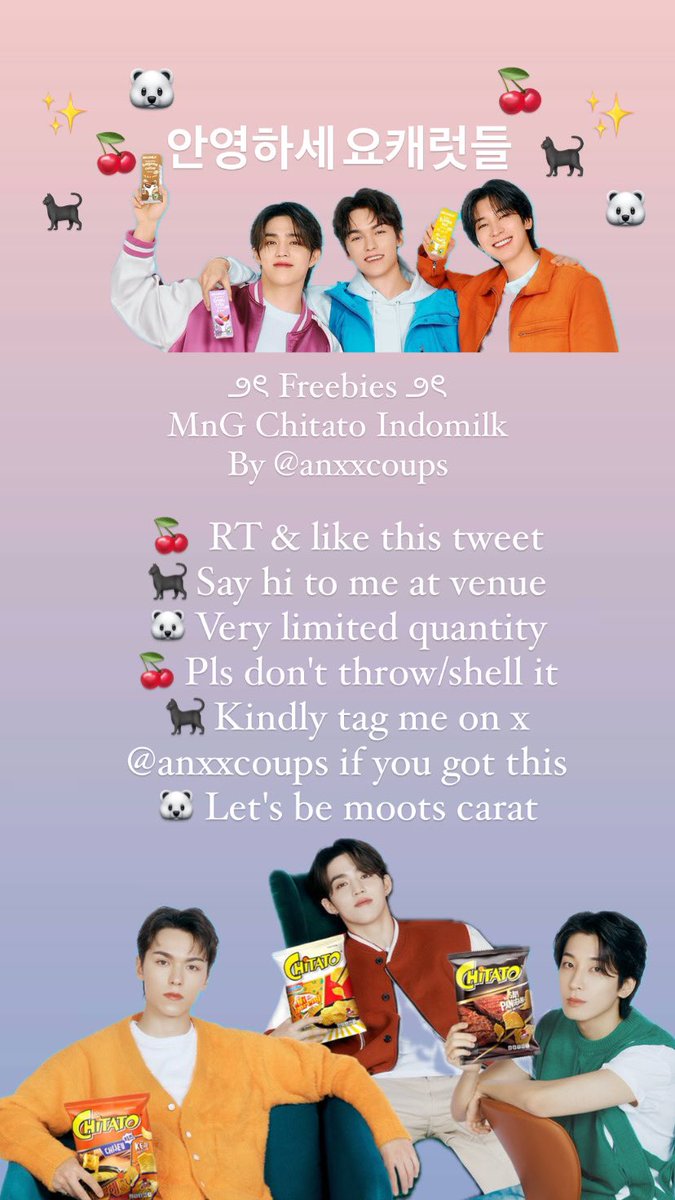 Anxxcoups's tweet photo. 안영하세 요캐럿들🥰
౨ৎ Freebies ౨ৎ
MnG Chitato Indomilk 
By @anxxcoups
17 Desember 2024
✨Beach City Internasional Stadium✨
hope you guys like it☺️

 #WaveHereOn17Dec #SCOUPS #WONWOO #vernon #IndomilkRightHere #ChitatoLeadTheWave https://t.co/JepxDueO8u