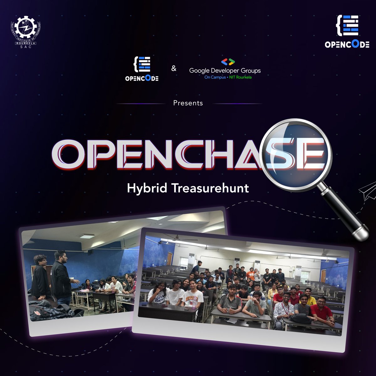 Opencode_NITRKL's tweet image. OpenChase at Innovision '24 was an unforgettable experience! 🚀 The hybrid treasure hunt brought an incredible turnout, with participants solving puzzles and racing across campus. The energy was unmatched. Here’s to more thrilling events ahead! 🙌✨ #treasurehunt #tech #Community