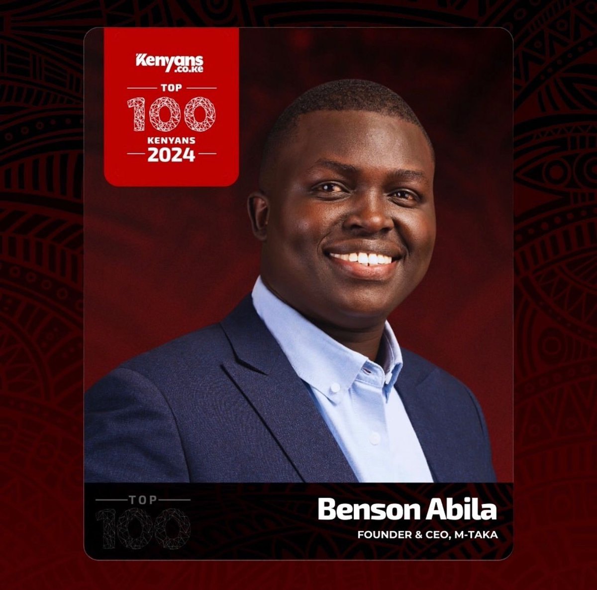 UsKenyaAlumni's tweet photo. Our very own President, @abilabenson , has been named among the Top 100 Kenyans of 2024 by @Kenyans ! 
A visionary leader, mentor, and changemaker, Benson continues to inspire and elevate our alumni community and beyond. 
@USEmbassyKenya 
  #USKenyaExchange #LeadershipInAction https://t.co/atW3qEZLY6