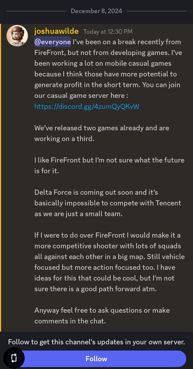 FireFront developer confirms development of the game has hit a standstill and with @DeltaForce_Gameon the horizon they don't know what the future of the game will be.