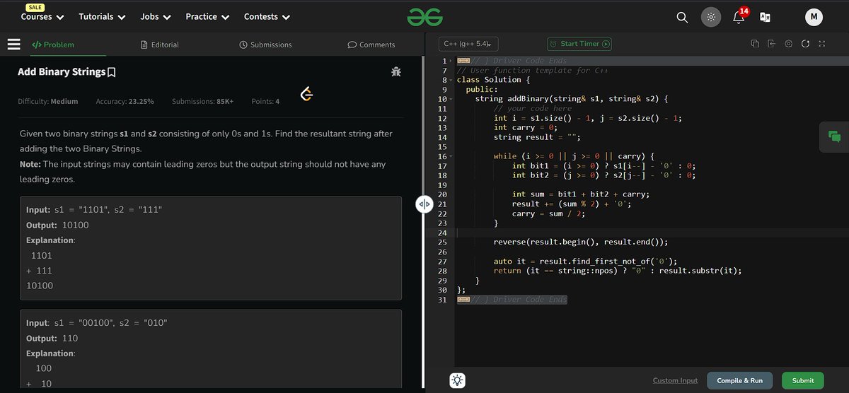 Monikanchan13's tweet photo. ✅ Day 16 of #geekstreak2024 completed!
Solved the "Add Binary Strings" problem on @geeksforgeeks. 🖥️
Excited to continue this streak and improve my coding skills! 🎯
Let's keep going! 🚀 #GFG160 https://t.co/2CJBV8lCm5