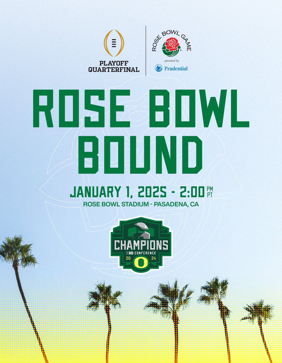 oregonfootball's tweet photo. Rose Bowl Bound!

The Ducks are heading to Pasadena on New Year’s Day as the No. 1 seed in the College Football Playoff. 

#GoDucks x @CFBPlayoff https://t.co/ZPJYjOGuOv
